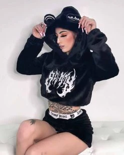 Scummy Bears OISHI - BEAR METAL - FUZZY THINGZZ CROP HOODIE (BLACK) CLOTHES AND STUFF