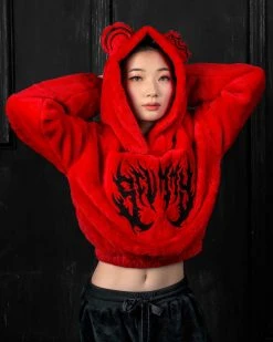 Scummy Bears OISHI - BEAR METAL - FUZZY THINGZZ CROP HOODIE (RED) CLOTHES AND STUFF